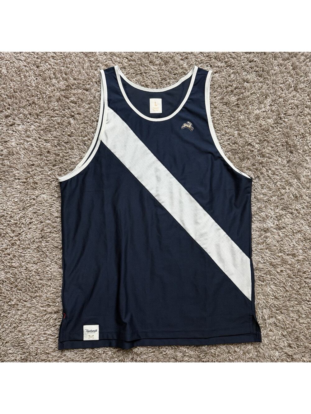 Tracksmith Shirt Men’s L Navy Blue White Van Cortlandt Singlet Tank Top Running